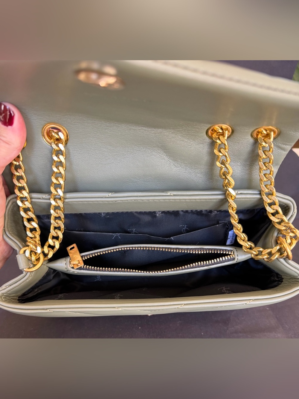 Quilted Chevron Shoulder Bag in Olive Green with Gold Hardware - Picture 9 of 11